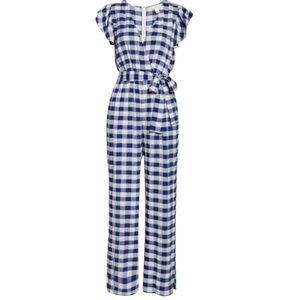 1901 Gingham Faux Wrap Jumpsuit Navy Blue & White - Ruffle Sleeve